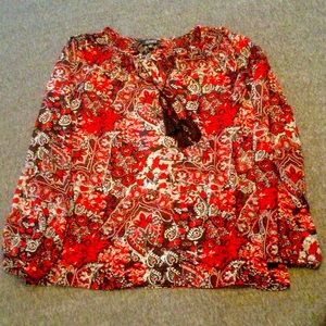 Jones New York small sheer womens top, intricate red design.